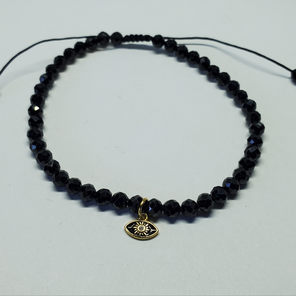 Black Faceted Glass Bead Gold Sterling Evil Eye Pull Bracelet